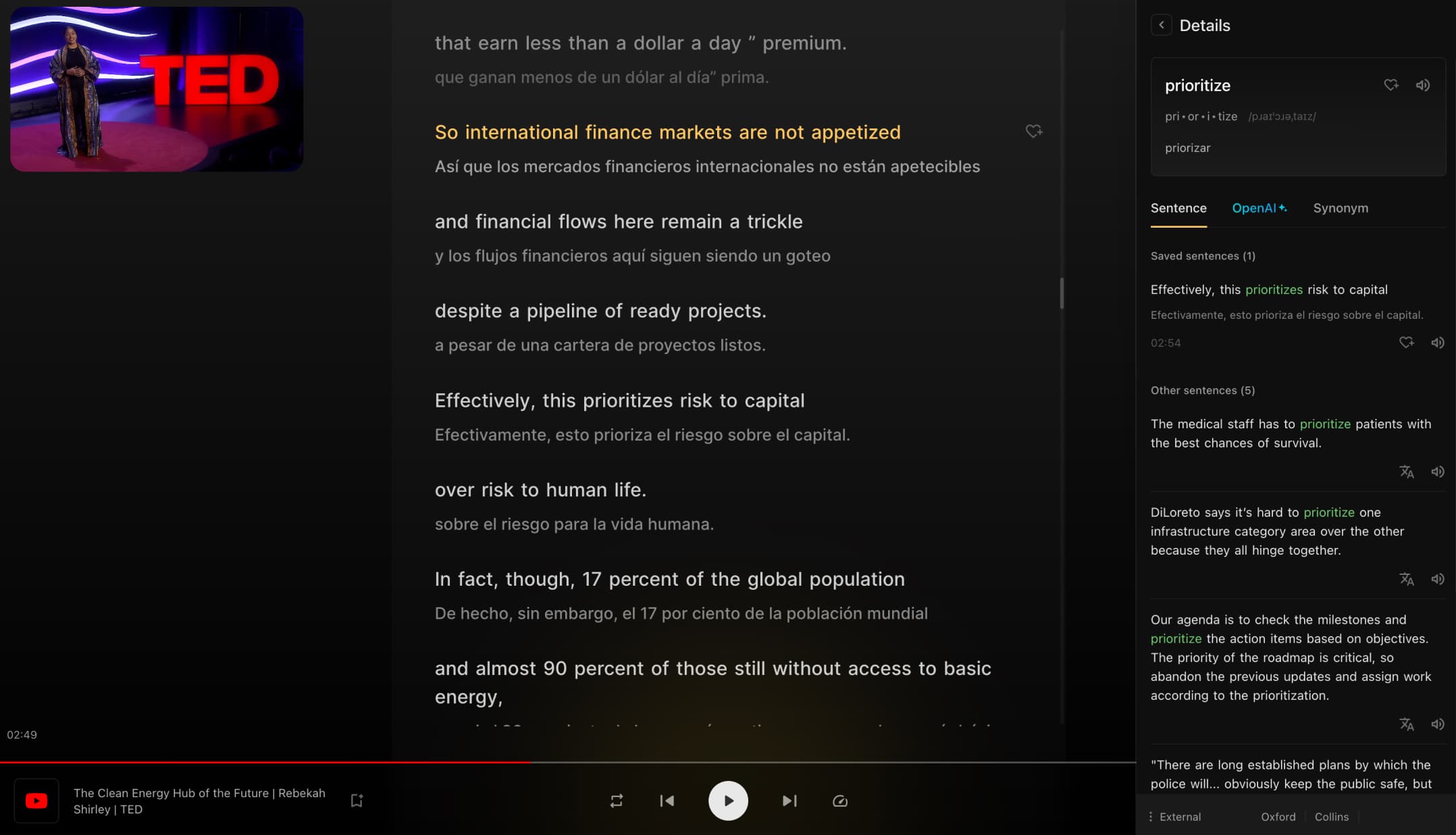 Trancy bilingual subtitles on YouTube — AI-powered dual-language display for immersive learning